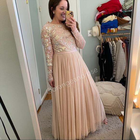 Needle & Thread Blush Pink Sequin Long Sleeve mesh Open Back Tulle Maxi Gown 6 - Picture 14 of 16